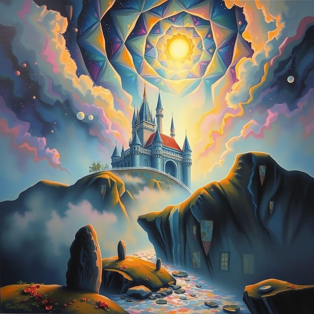 Ethereal Castle in Surreal Landscape: Neo-Impressionist Pain...