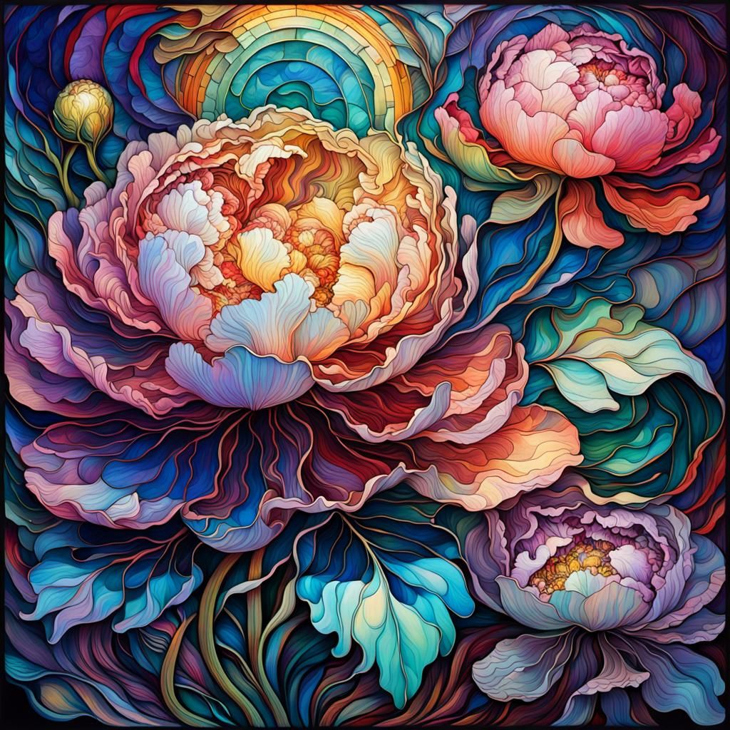 Goddess of Iridescent Peonies in Flowing Liquid