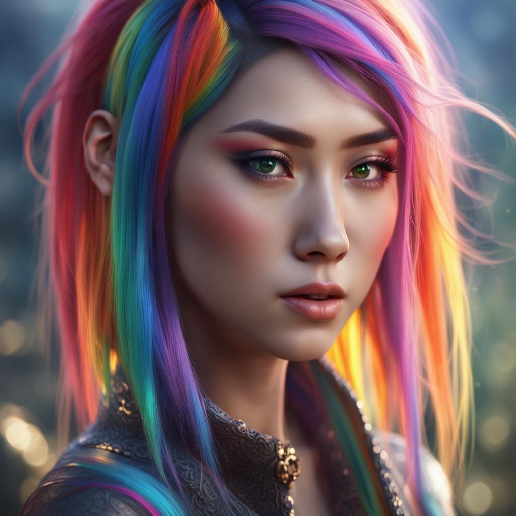 Rainbow Haired Asian Girl: Detailed Fantasy Art