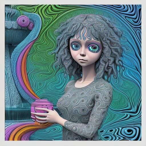 Girl at Fountain in Neo-Primitivism Line Art