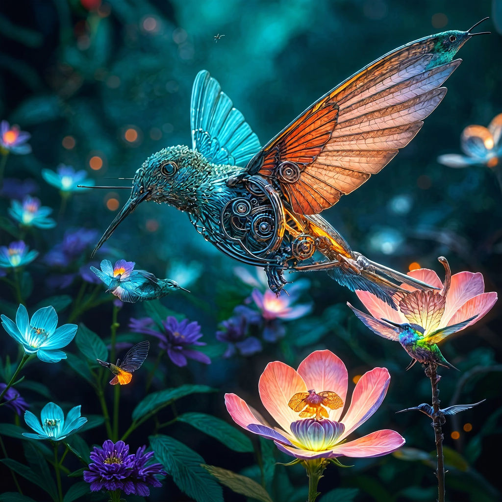 Biomechanical Hummingbird in Bioluminescent Garden