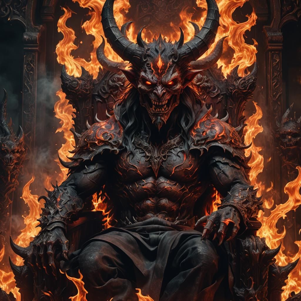 Hellish Anime Demon on Throne in Dramatic Lighting