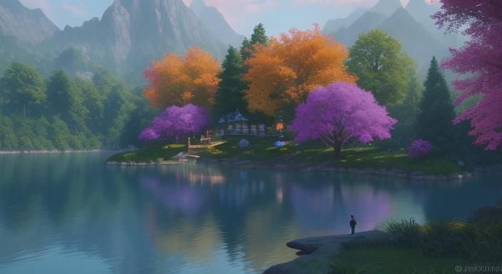 Vibrant Pointillist Park Scene with Digital Pixelation