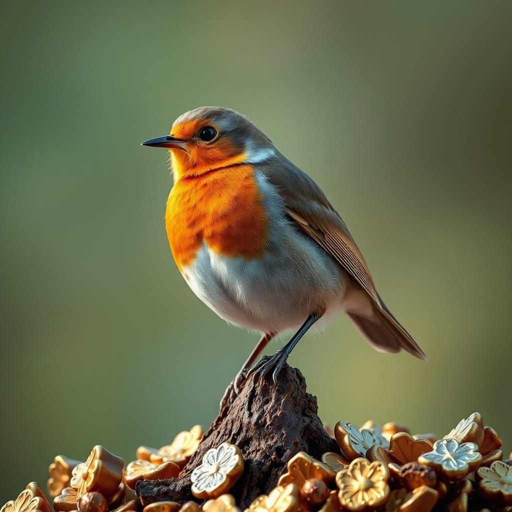 Robin Bird Perched on Pile of Gold