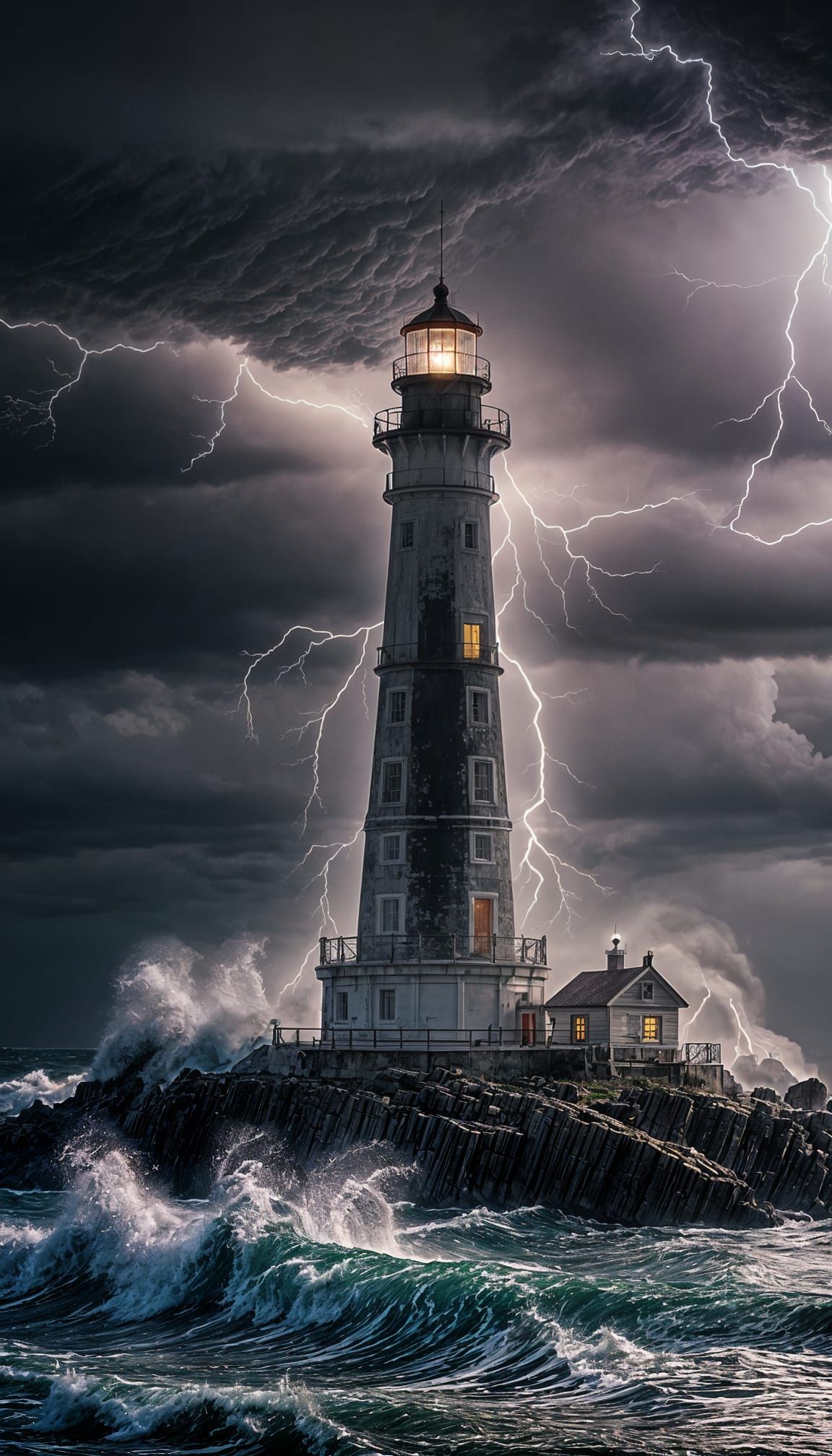 Lighthouse in Stormy Night Seas