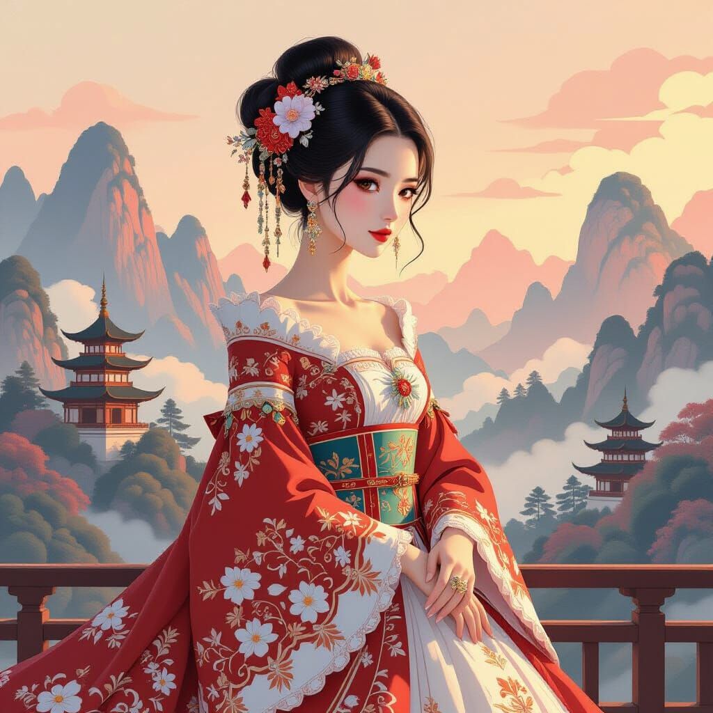 Elegant Woman in Floral Gown with Mountain Backdrop