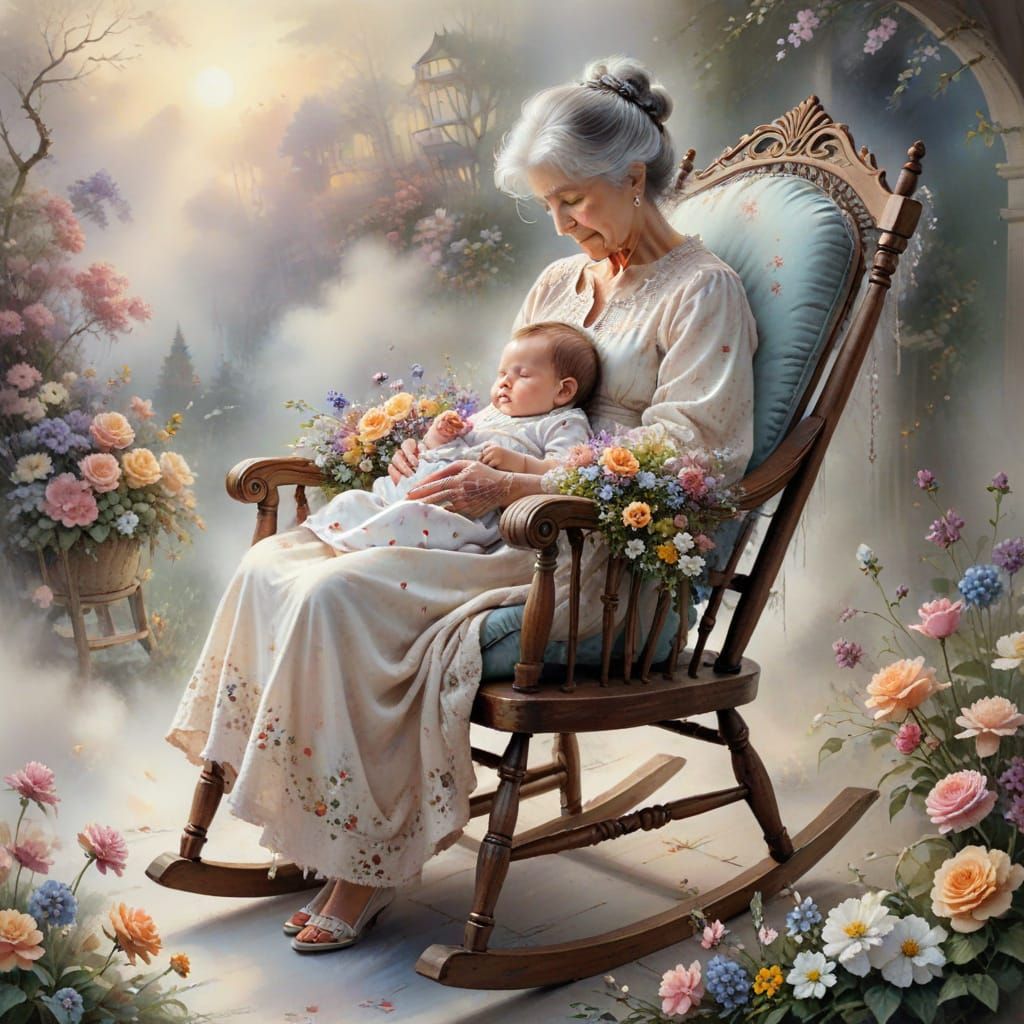 Ethereal Watercolour of Grandmother Holding Granddaughter