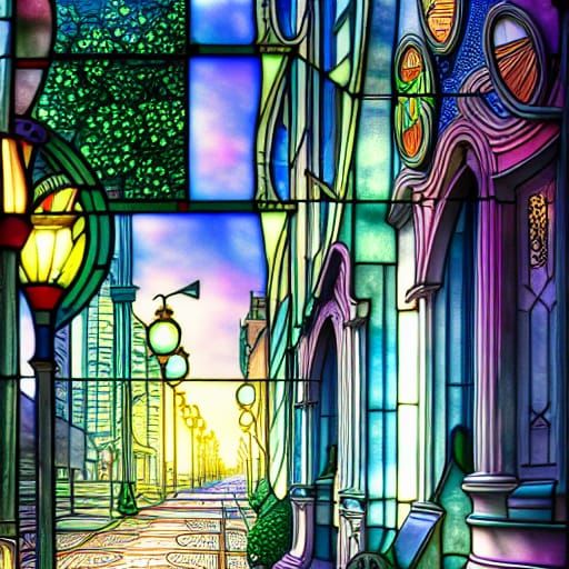 Enchanted Stained-Glass City Street in Art Nouveau Style