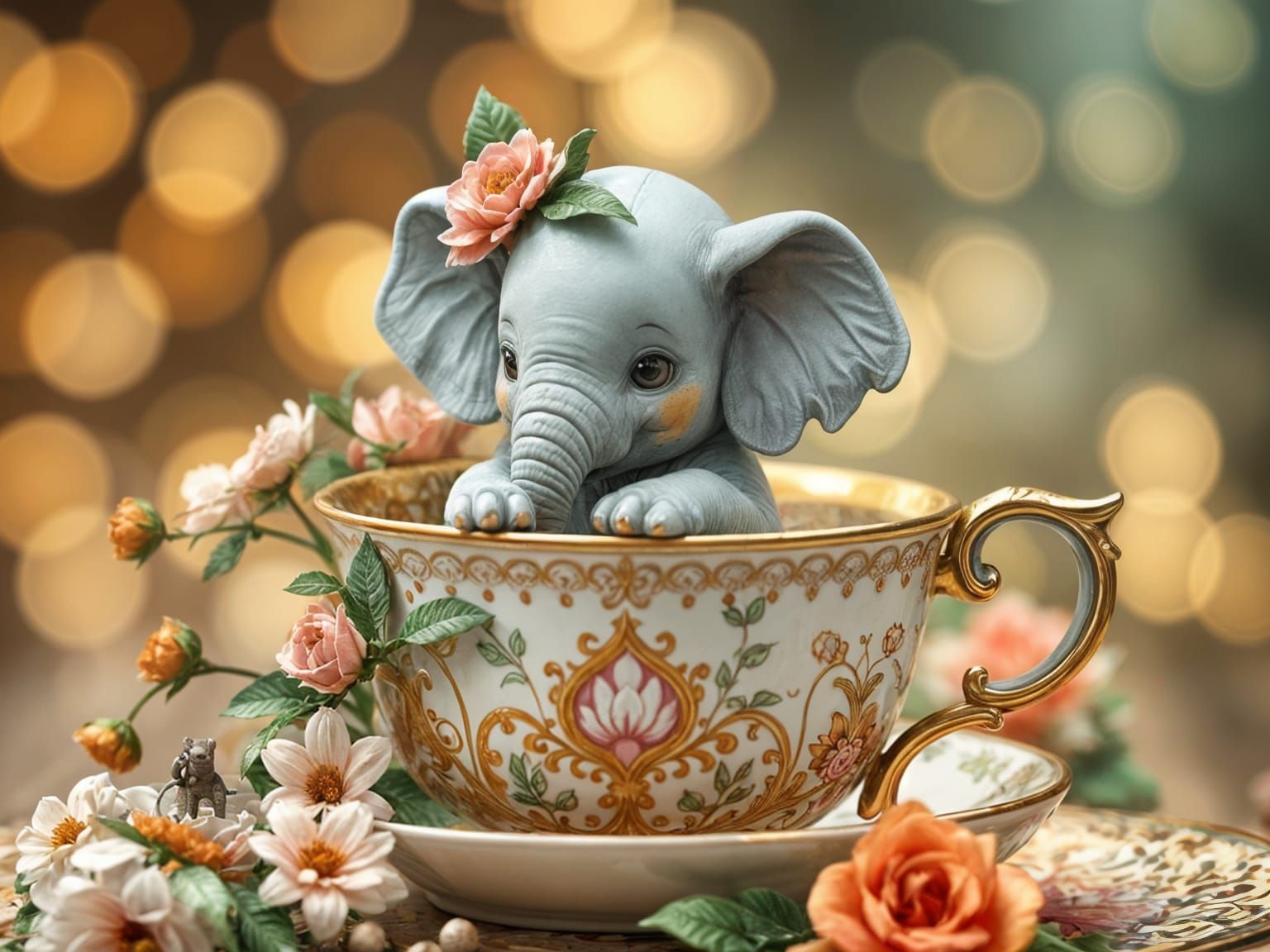 Miniature Elephant in Teacup: Whimsical Fantasy Art