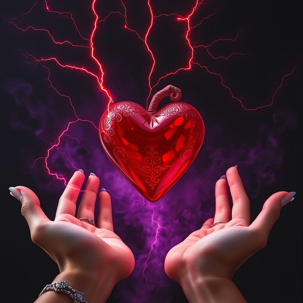 Crimson Glass Heart Descending into Elegant Hands
