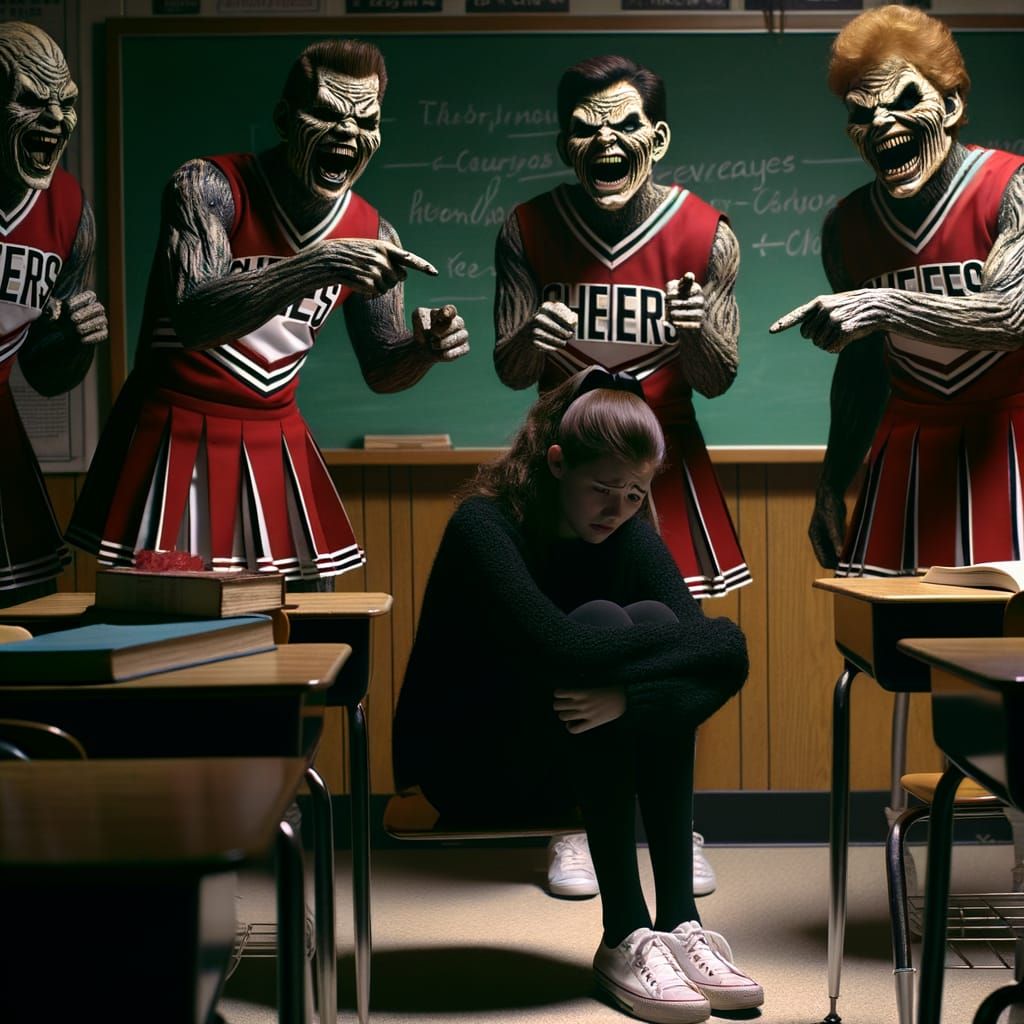 Horror Scene: Malevolent Cheerleaders Taunt Girl