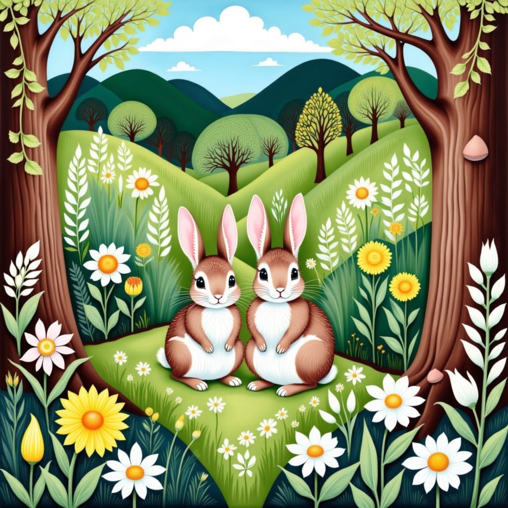 Rabbits in Whimsical Nordic Forest Scene