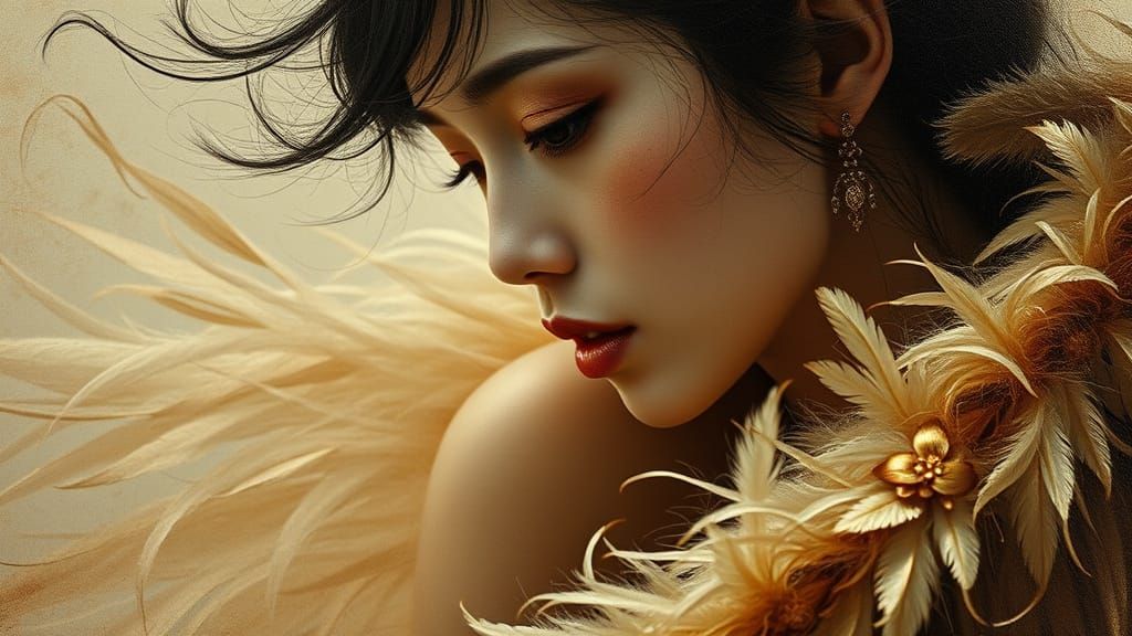 Ethereal Oriental Woman in Feather Gown