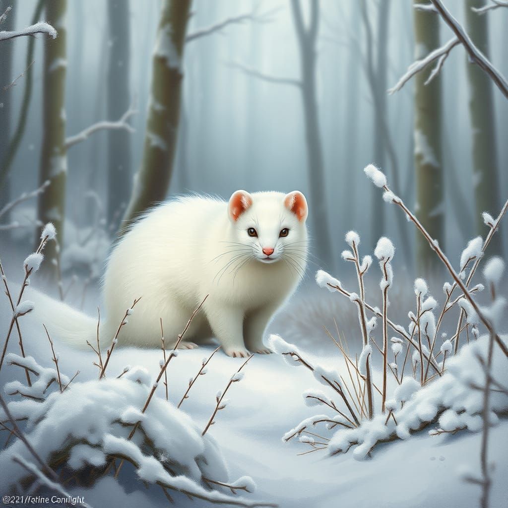 Eurasian Ermine in Winter Forest