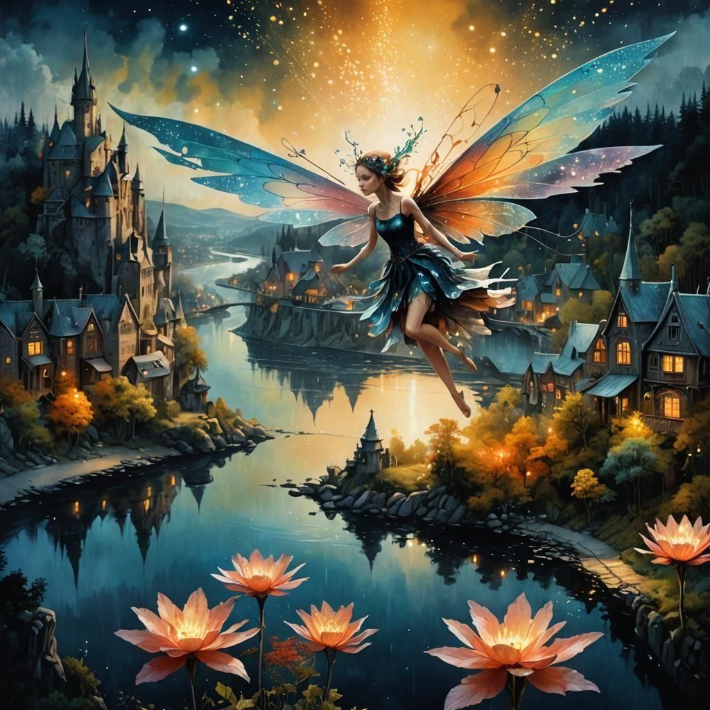 Fairy Flight Over Enchanted Town: Collage Art