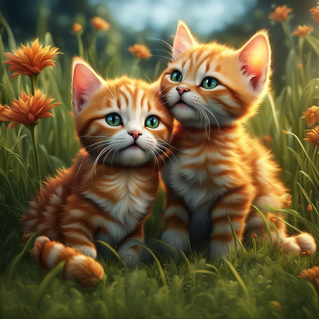 Ginger Kittens Playing: Detailed Matte Painting