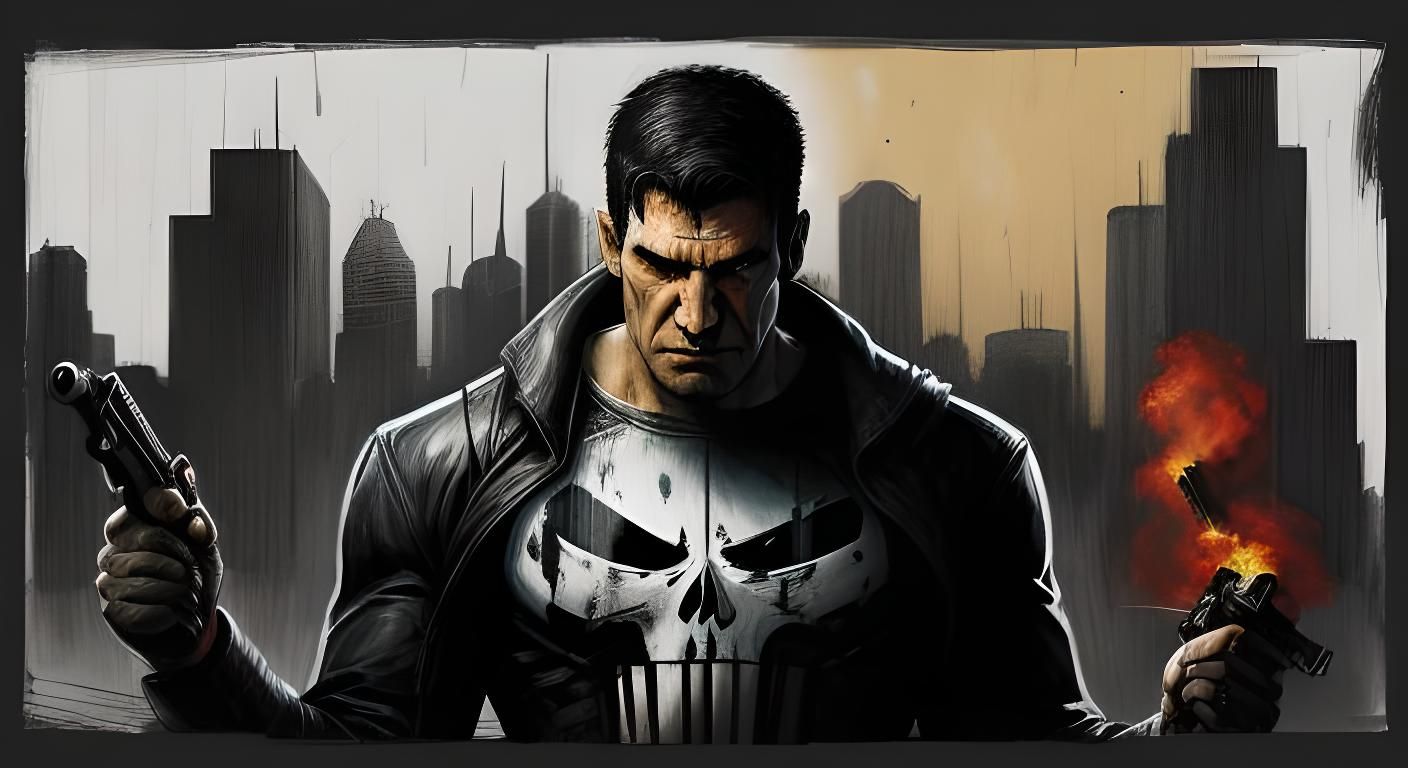 Punisher Comic Book Poster in Pencil Sketch Style