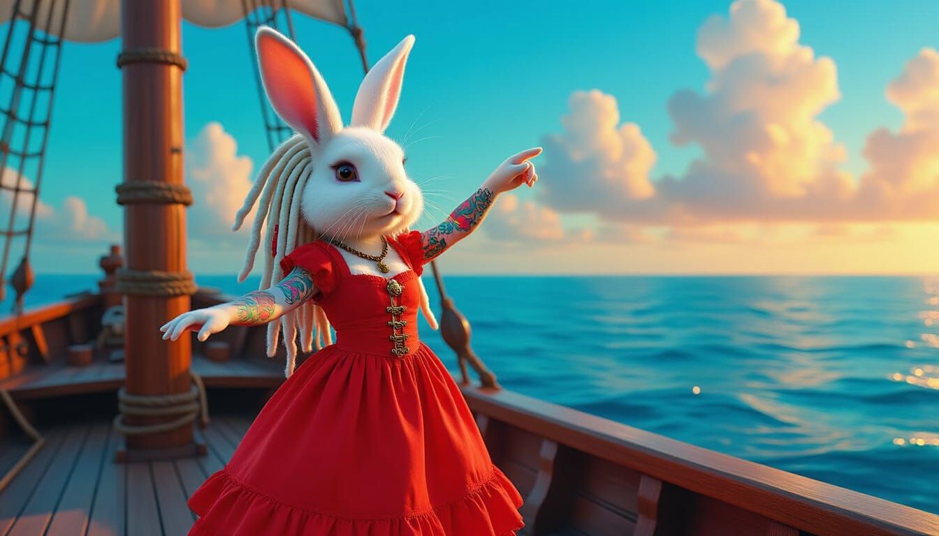Cute Albino Rabbit Pirate in Red Dress on Ship Deck