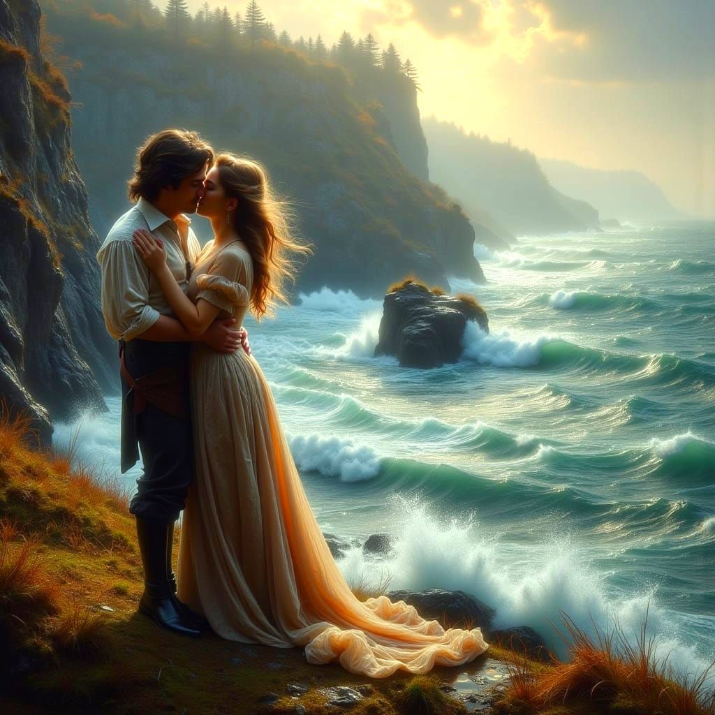 18th Century Lovers Embrace on Stormy Coastline