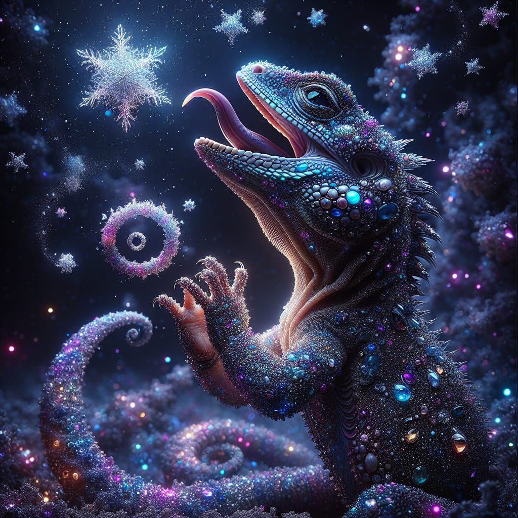 Bejeweled Lizard in Cosmic Snowfall: HDR Photography