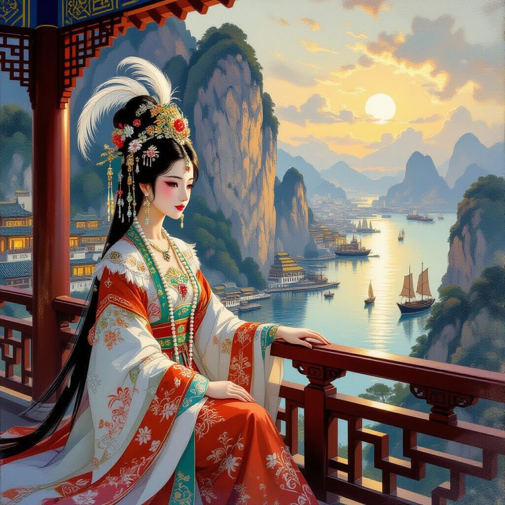 Chinese Goddess Overlooking Cliff City in Neo-Impressionism