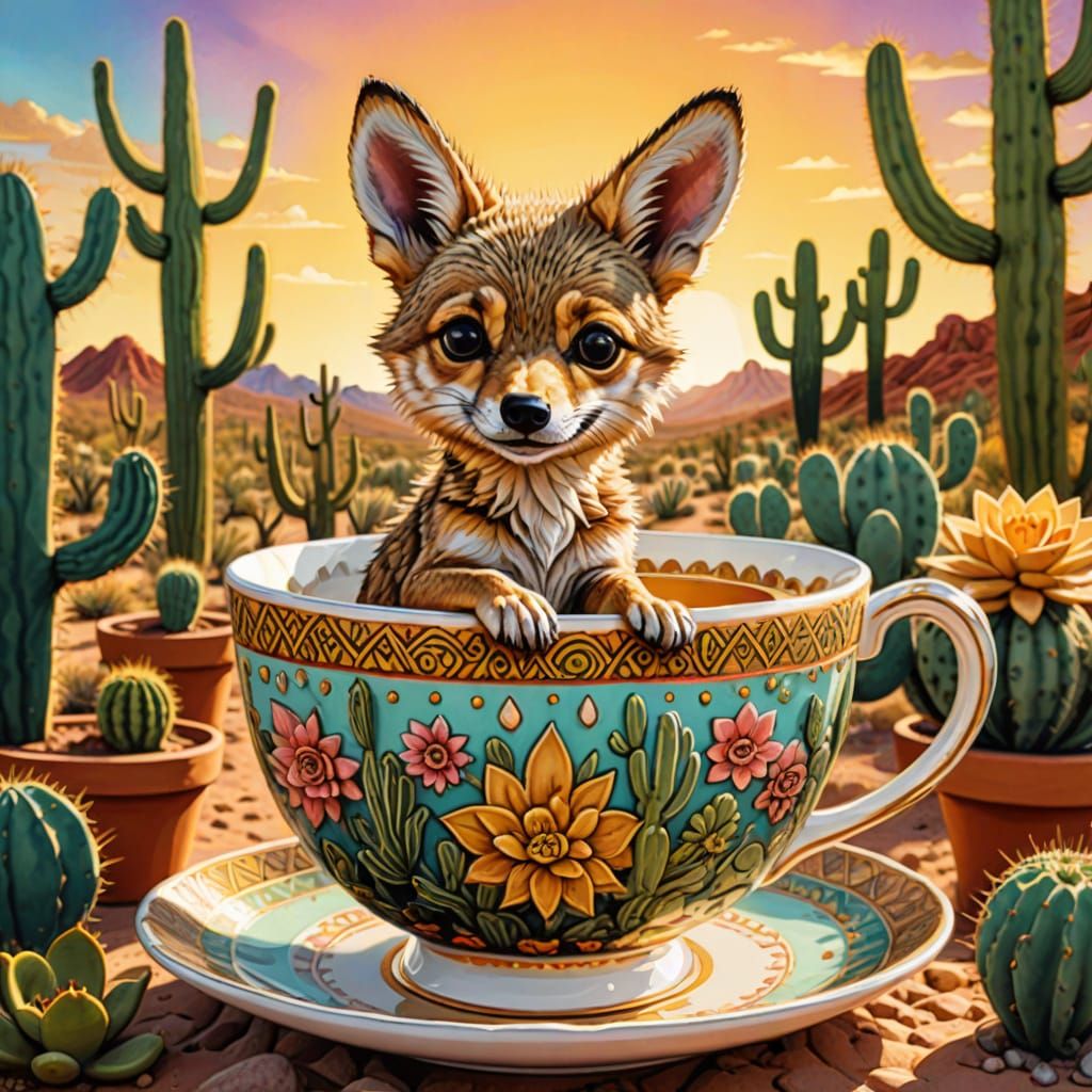 Coyote in Cacti Teacup: Pop Surrealism Desert Scene