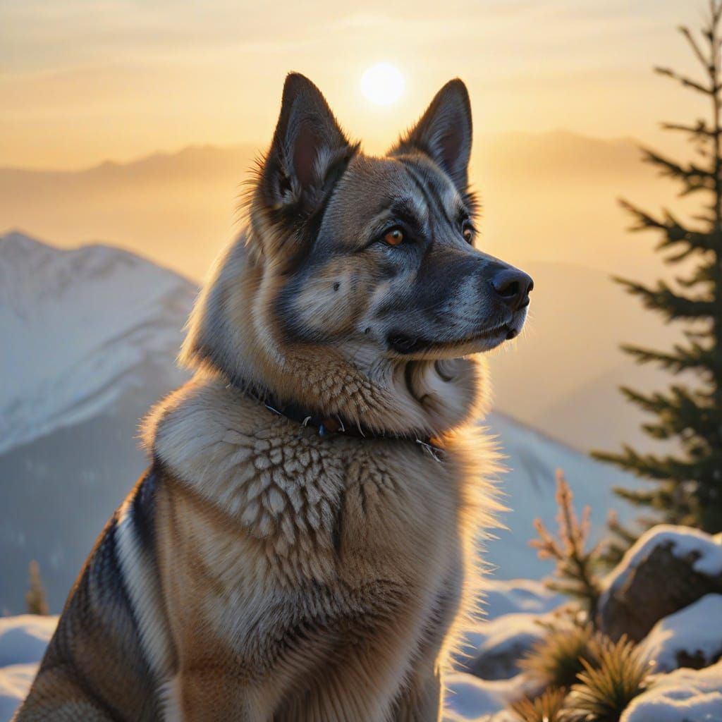 Norwegian Elkhound on Mountain Peak in Golden Light