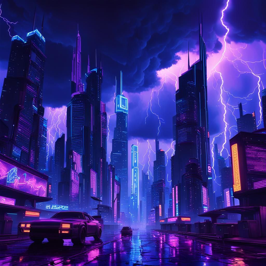 Neon Cyberpunk Metropolis Under Lightning Storm