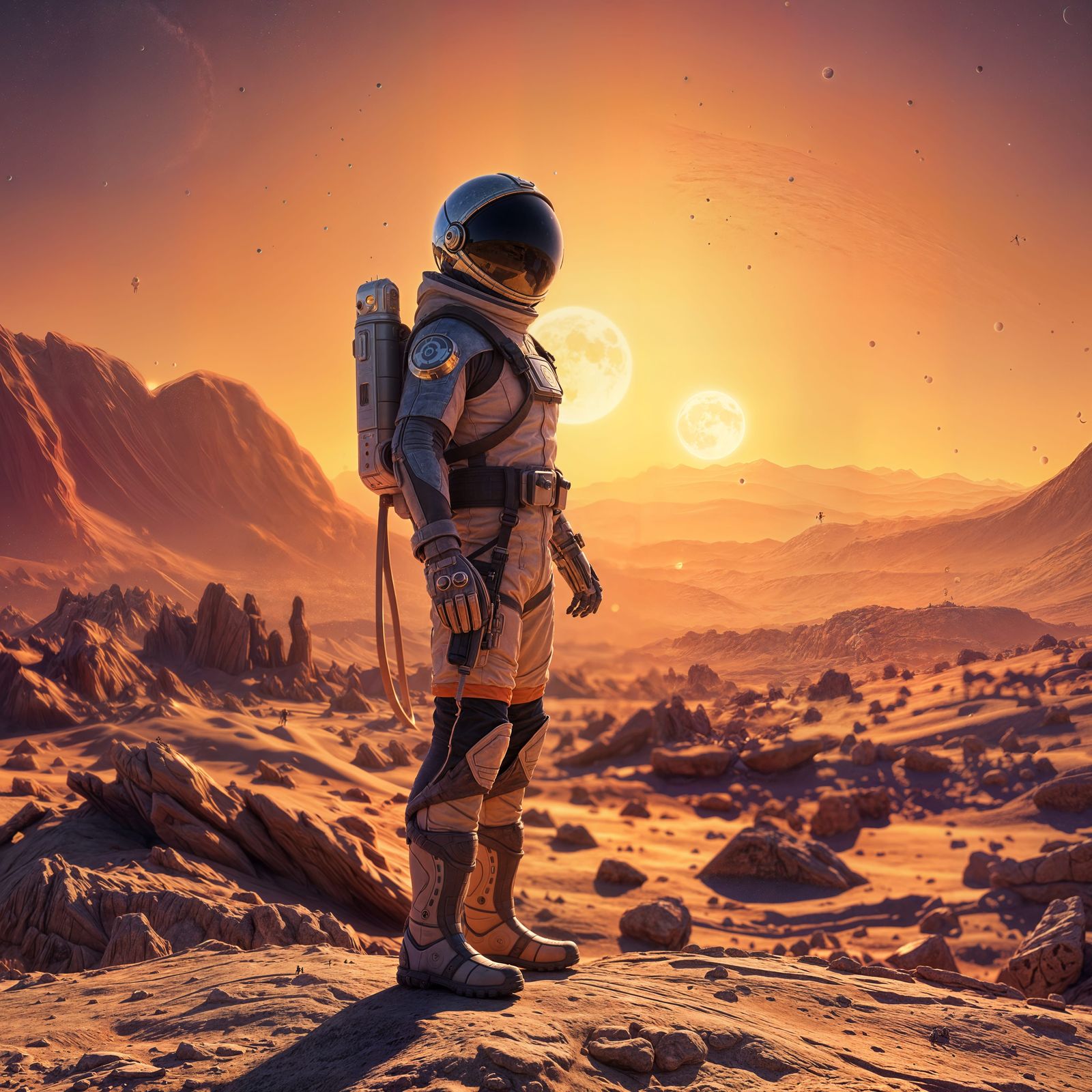 A brave explorer standing on a distant moon with twin suns i...