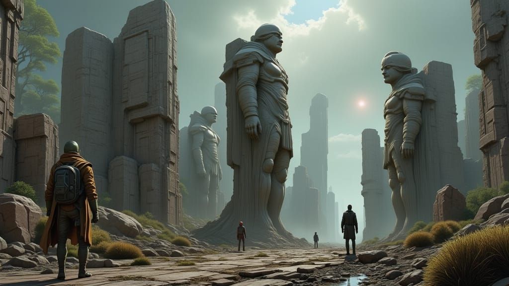 Ancient Stone Giants Against Dramatic Sky