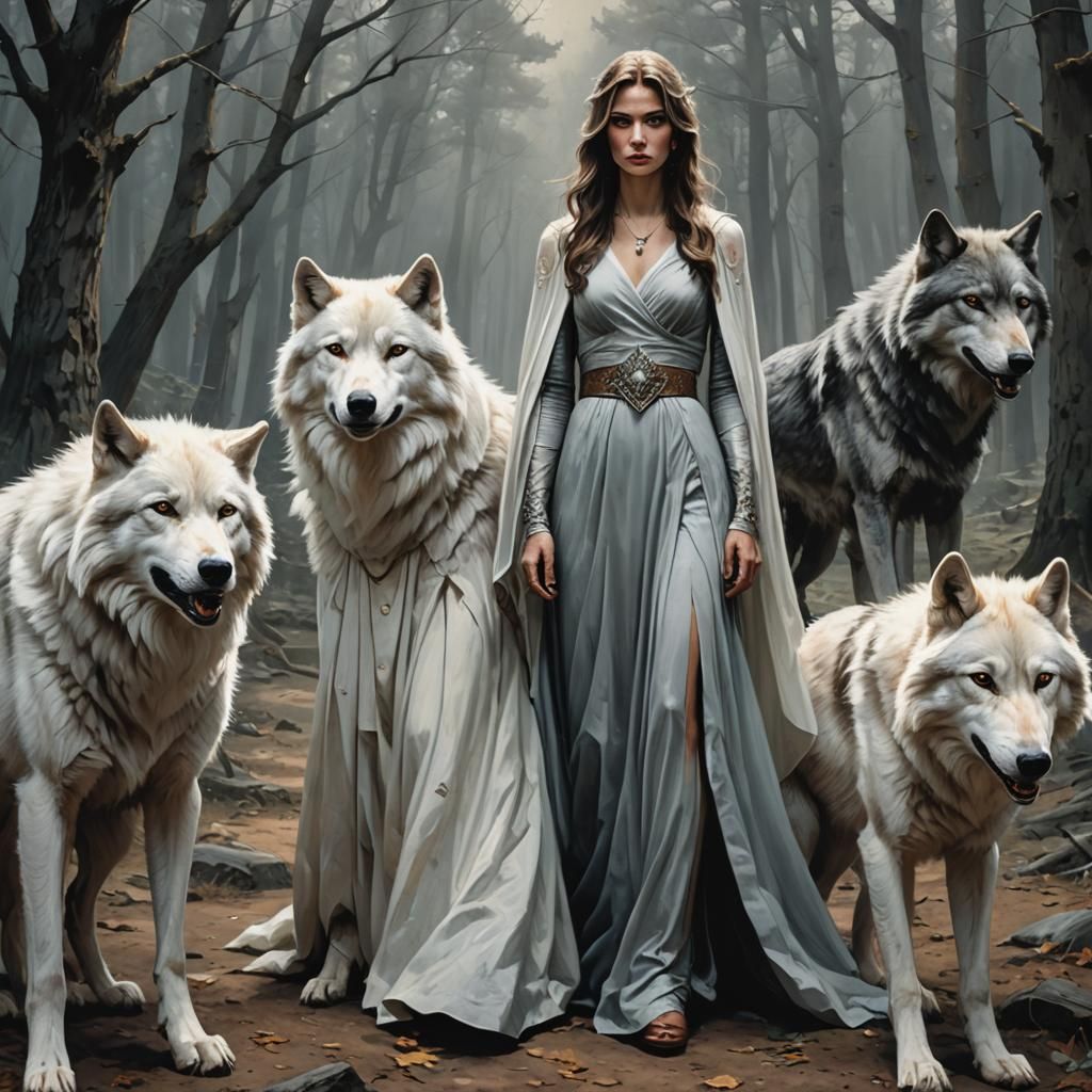 Woman with white wolf and a gray wolf.