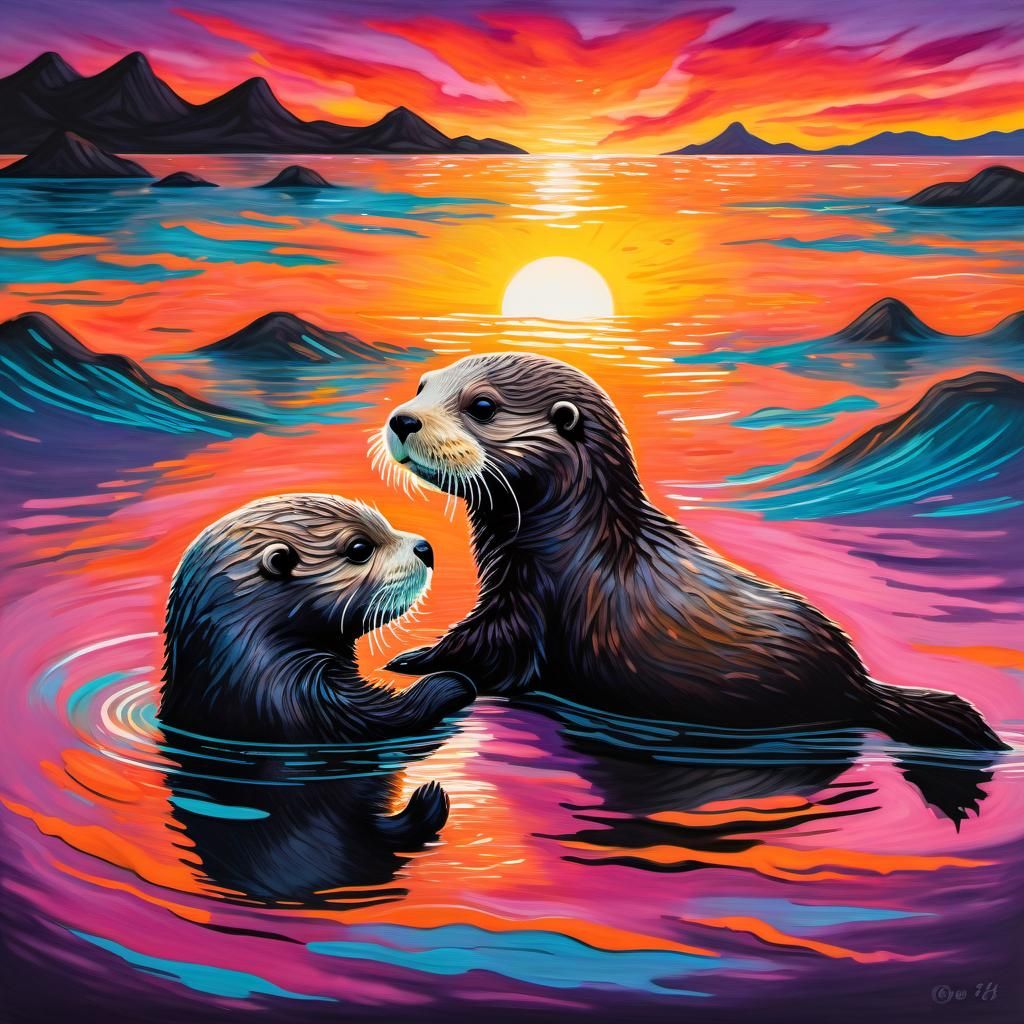 Baby Otter's Sunset Swim: Acrylic Painting