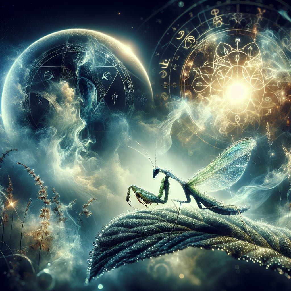 Mystical Mantis Amidst Pagan Symbols and Crescent Moon