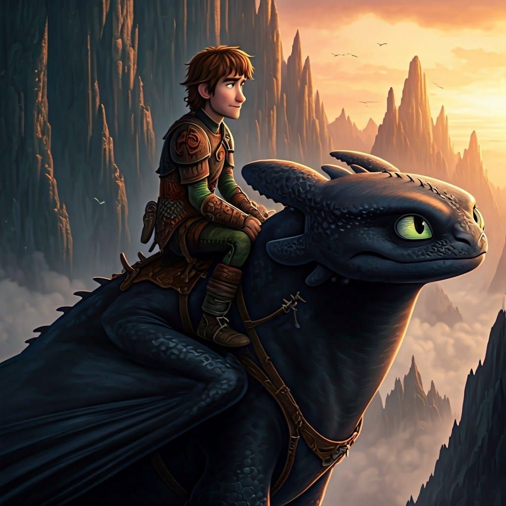 Hiccup Rides the Night Fury in a Futuristic Dragon Landscape