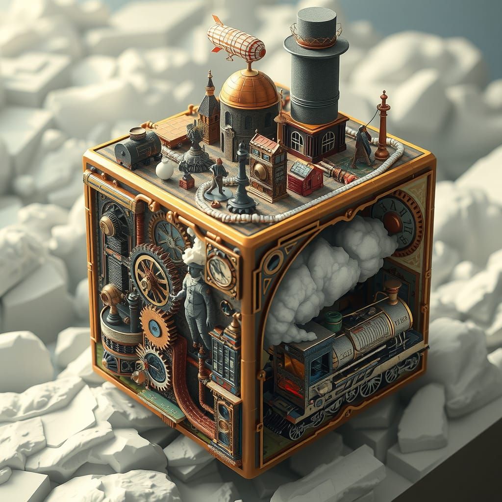 Steampunk Masterpiece: Intricate Rubik's Cube Worlds