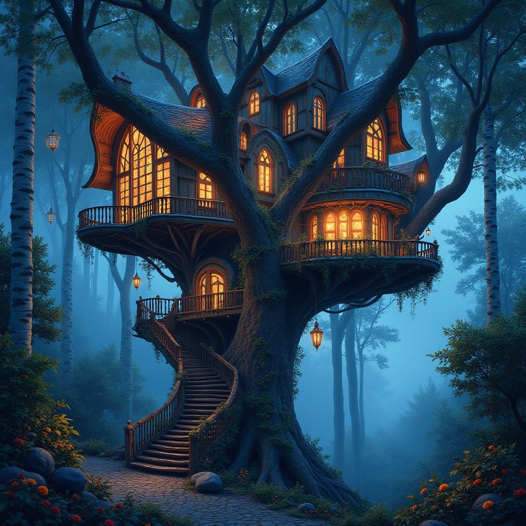 Fantasy Treehouse Amidst Glowing Birch Trees in Whimsical Ar...