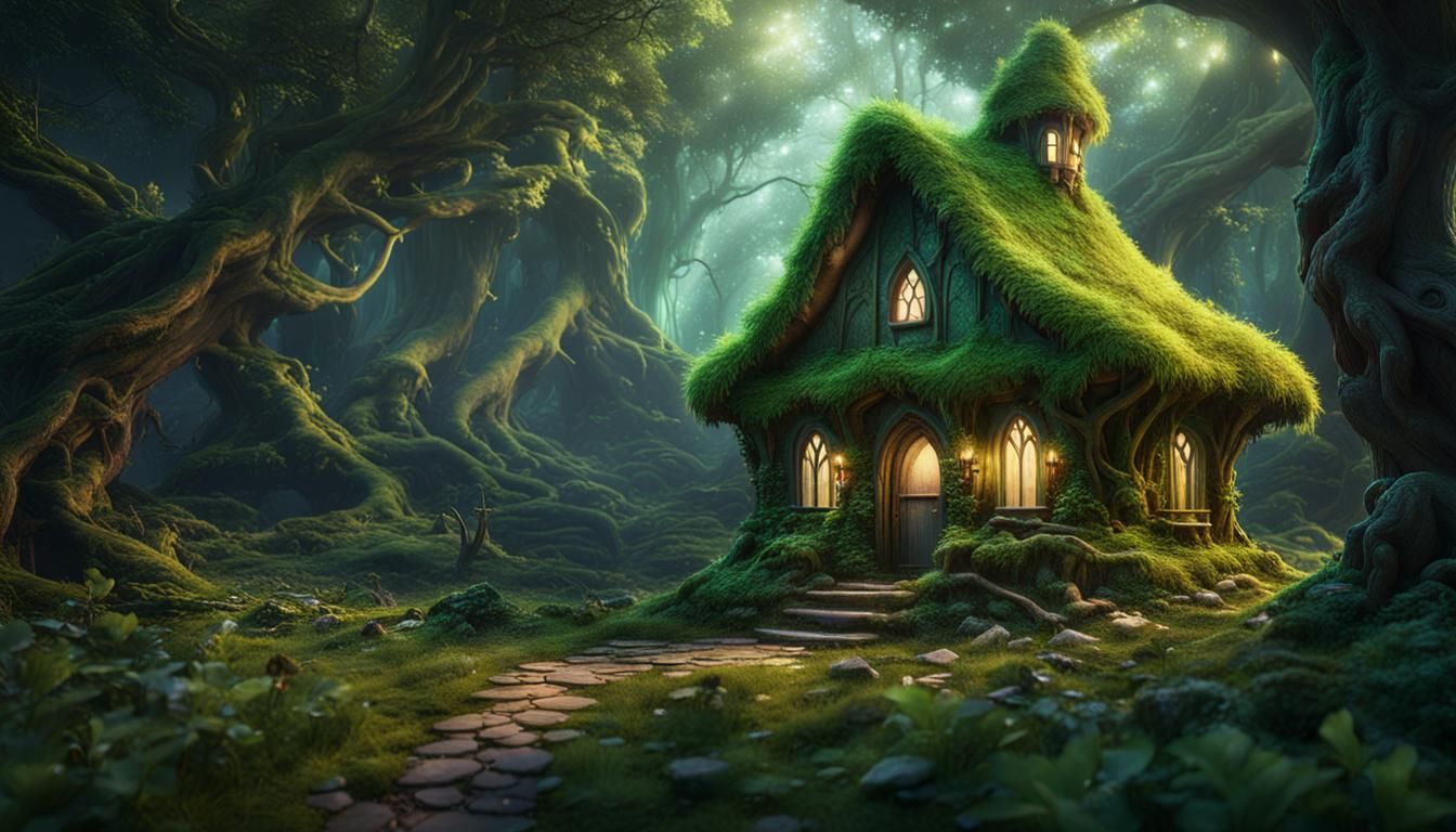 Enchanted Fairy House in Green Forest: Fantasy Art