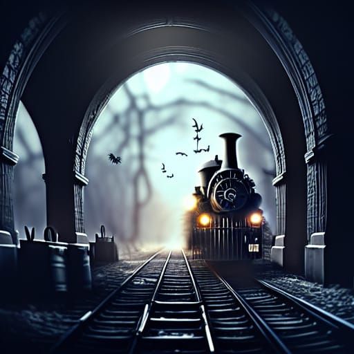 Ghostly Locomotive Enters Spooky Tunnel: Matte Painting