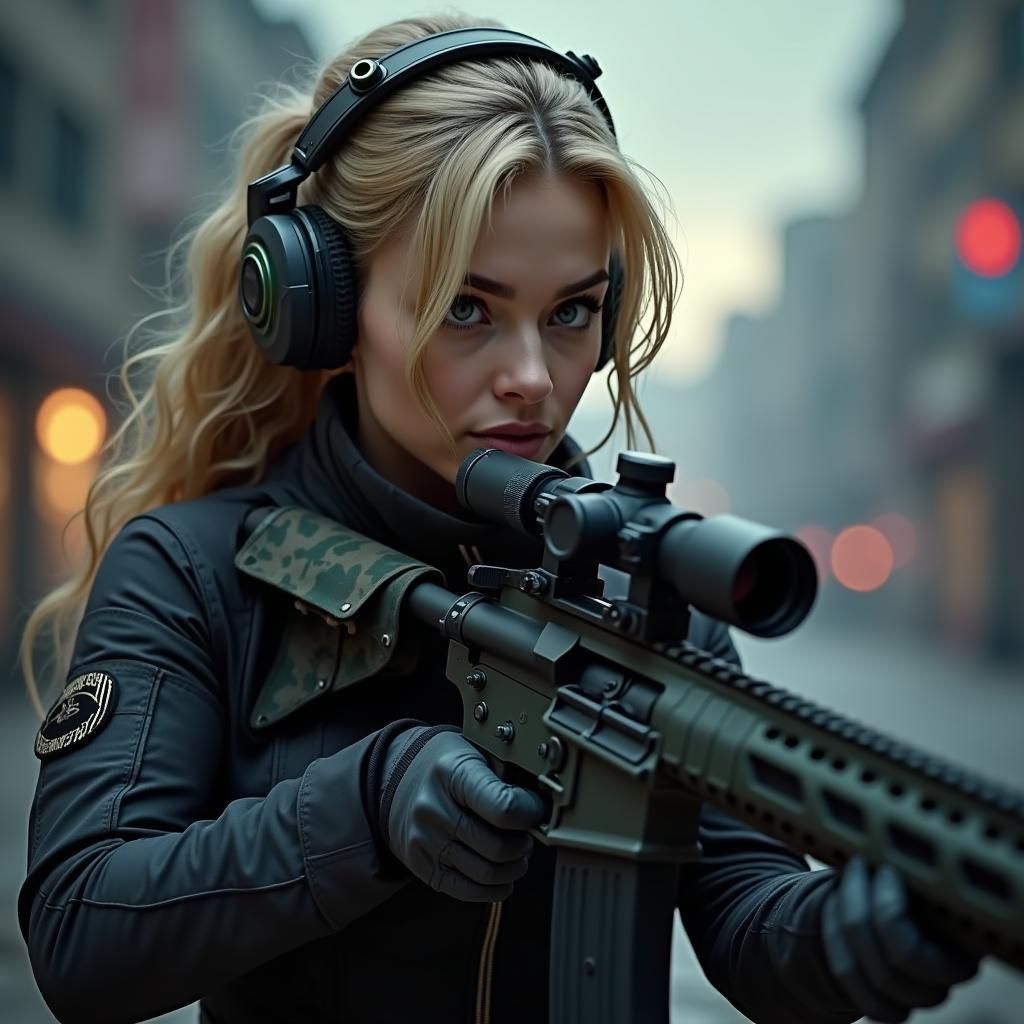 Female Sniper in Tactical Gear with Dramatic Lighting