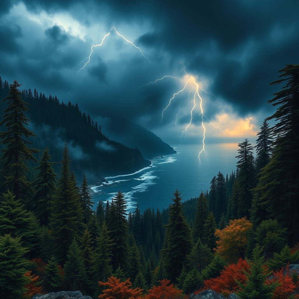 Olympic National Park Thunderstorm in Landscape Art Style