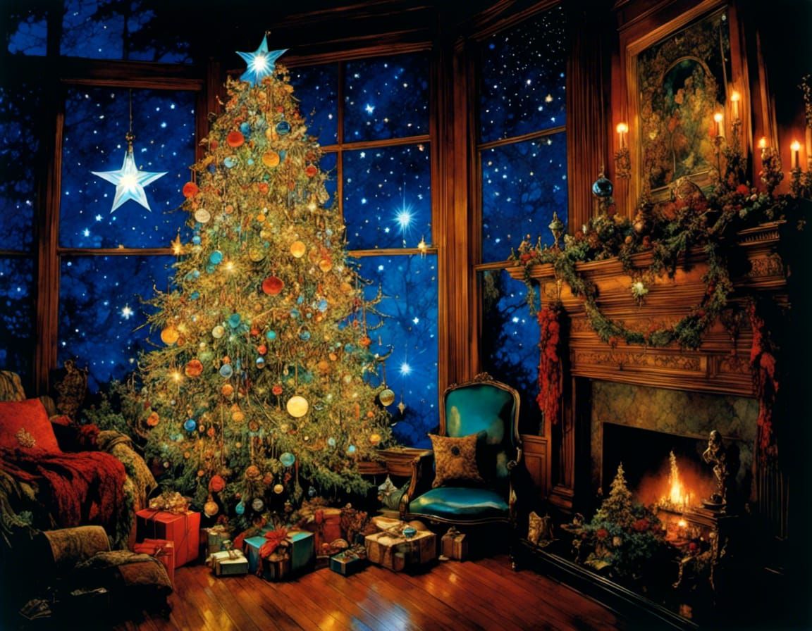 Bioluminescent Christmas Tree Under Starry Night Sky