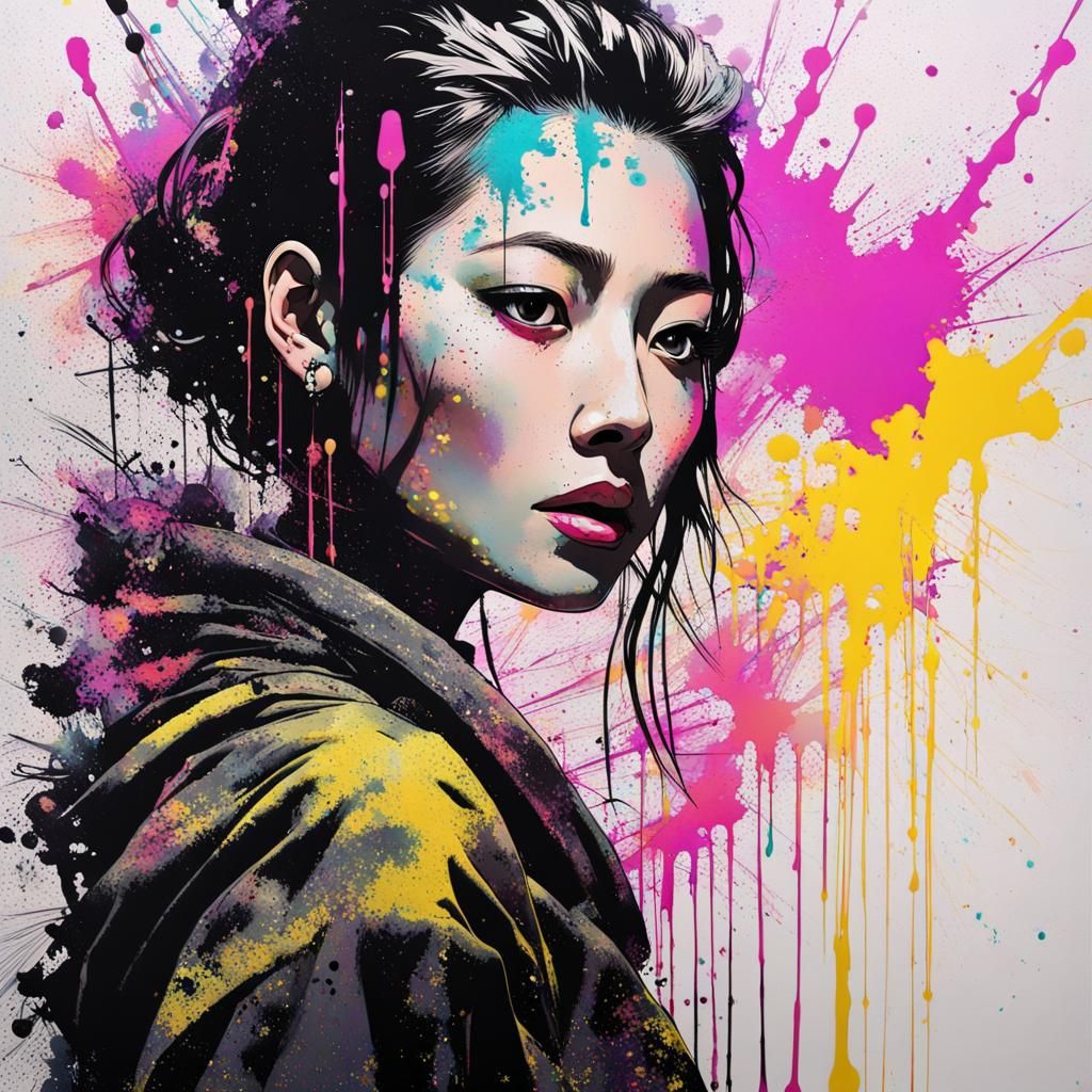 Ink Splatter Portrait in Cyberpunk Cityscape