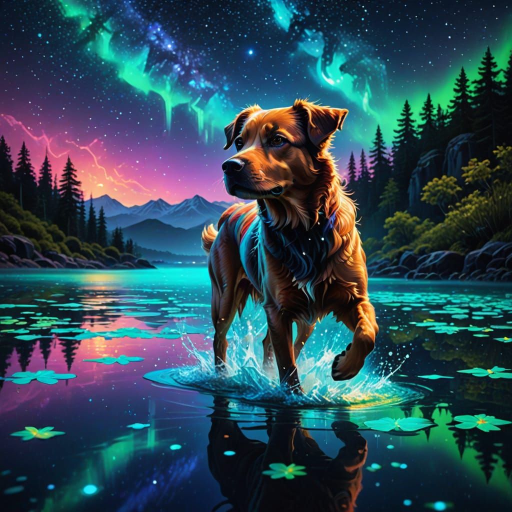 Glass Dog Runs on Glowing Blue Water Beneath a Starry Night ...