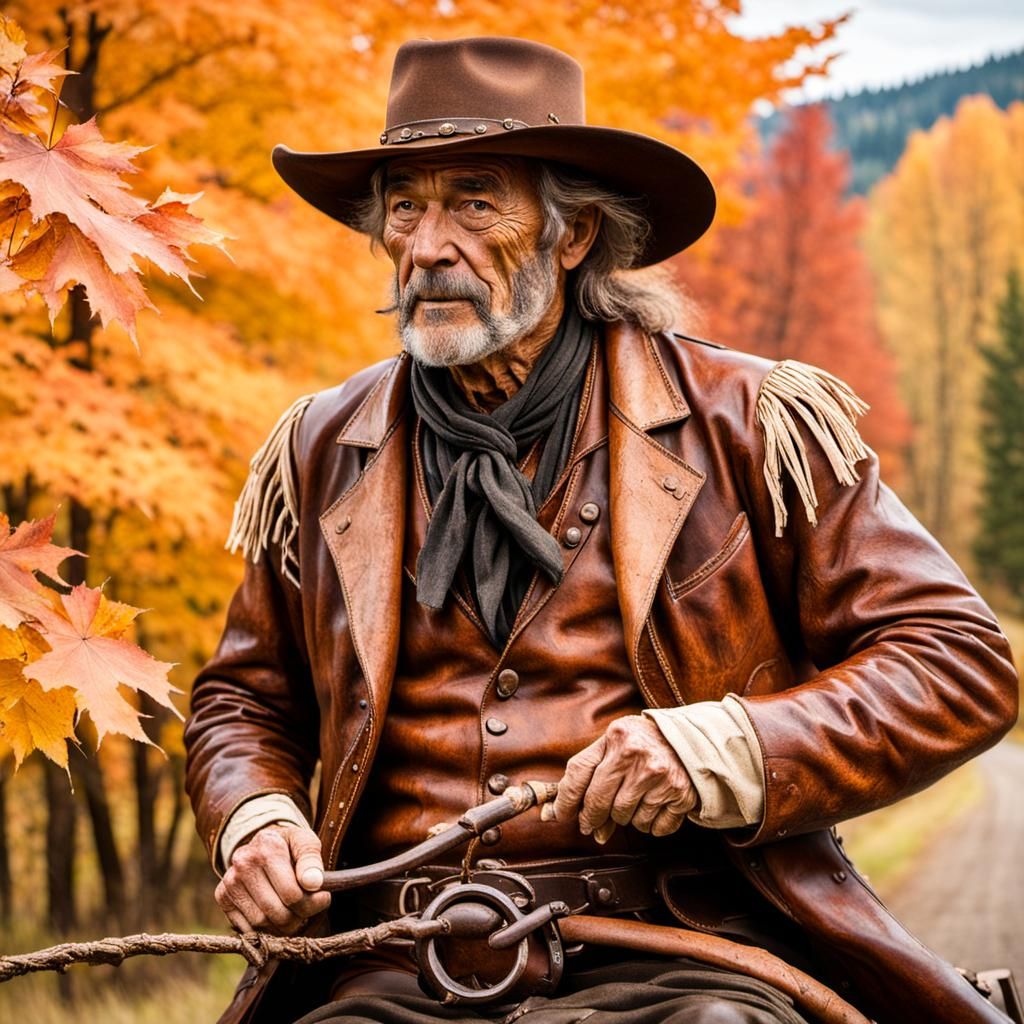 Wild West Cowboy Rides Through Autumn Valley