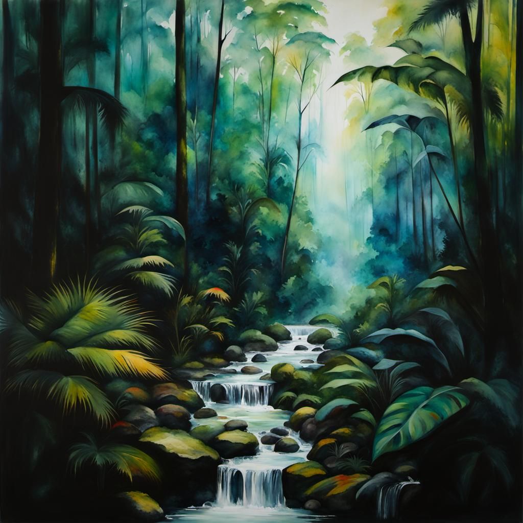 Colorful Encaustic Rainforest Landscape in Watercolor