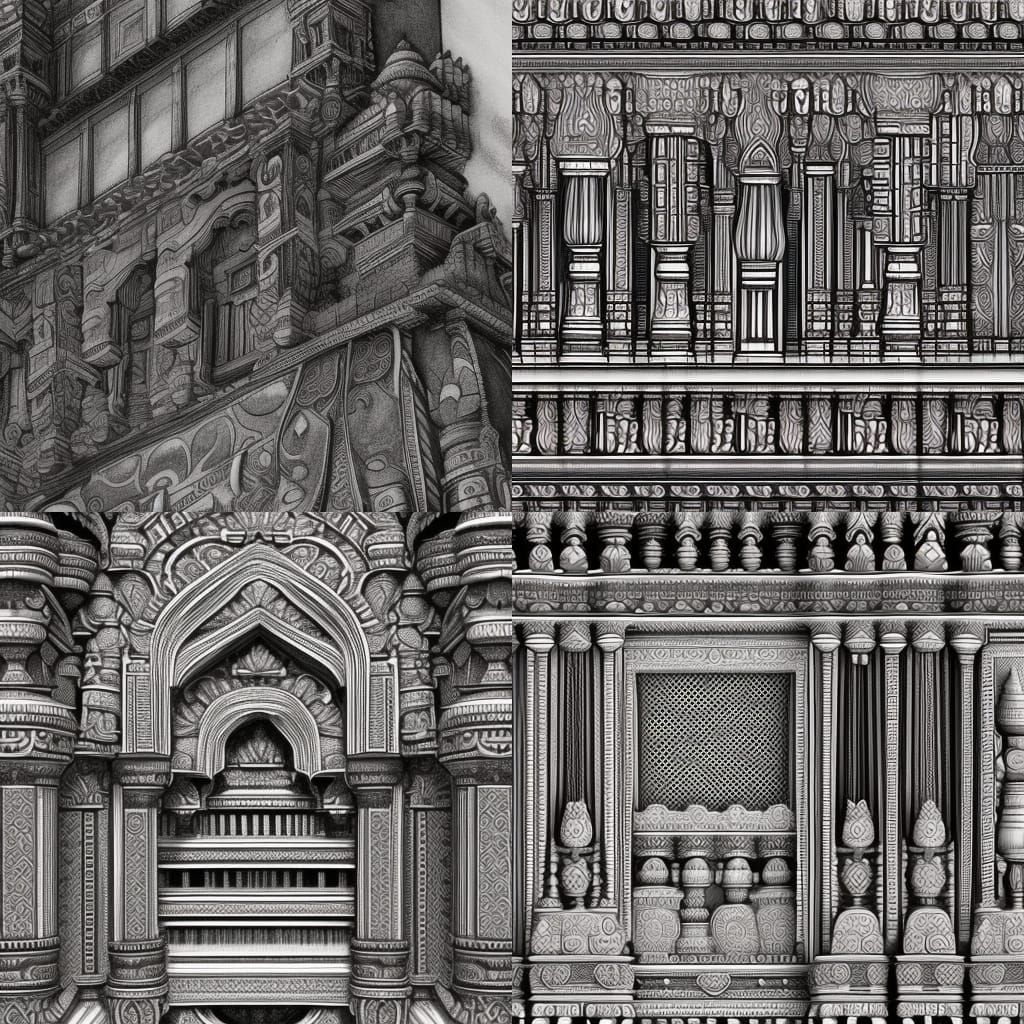 South Indian Architecture: Black Ink Sketch