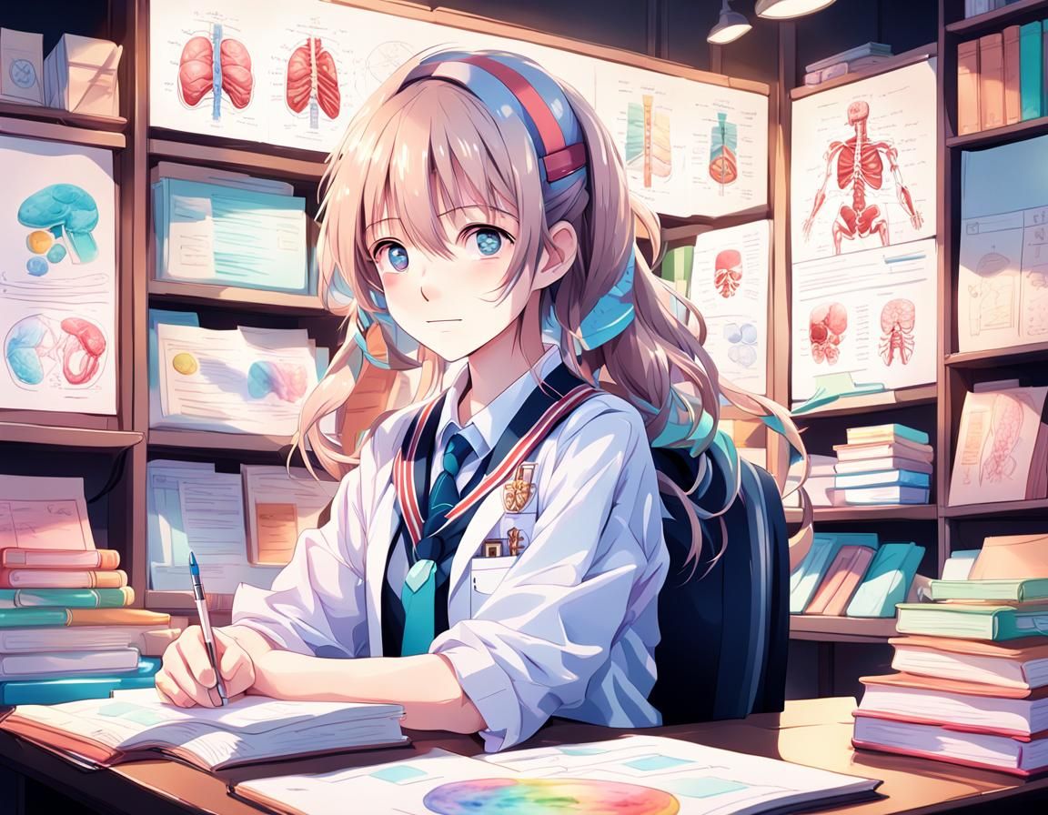 Anime Schoolgirl Surrounded by Anatomy Diagrams