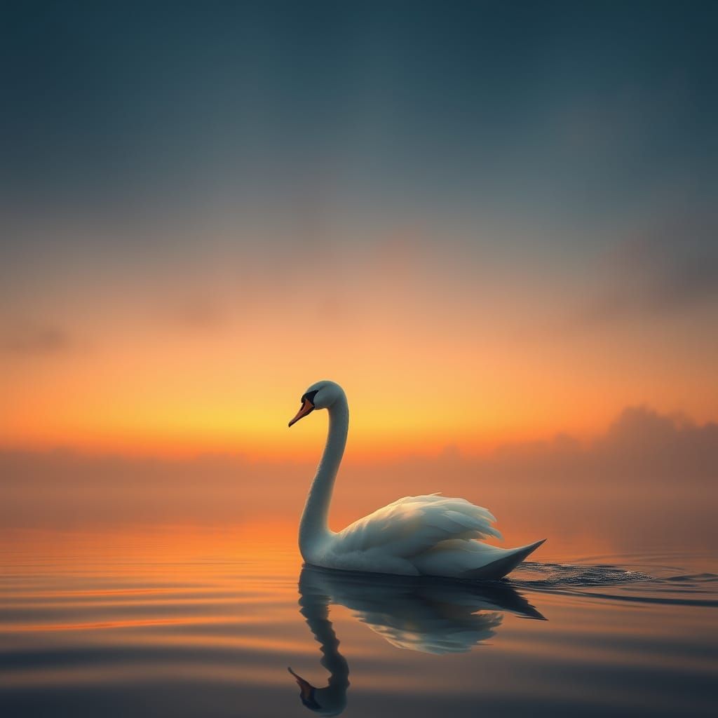 Swan in Twilight Lake, Dreamlike Surrealism