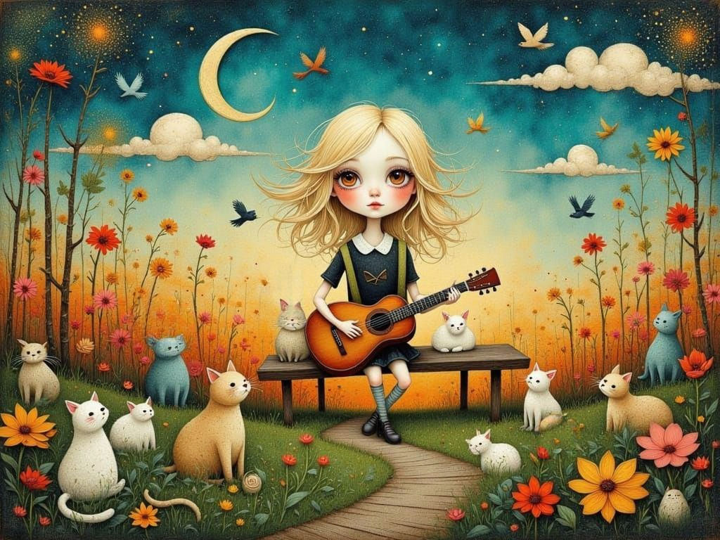 Whimsical Forest Scene with Guitarist in Collage Style