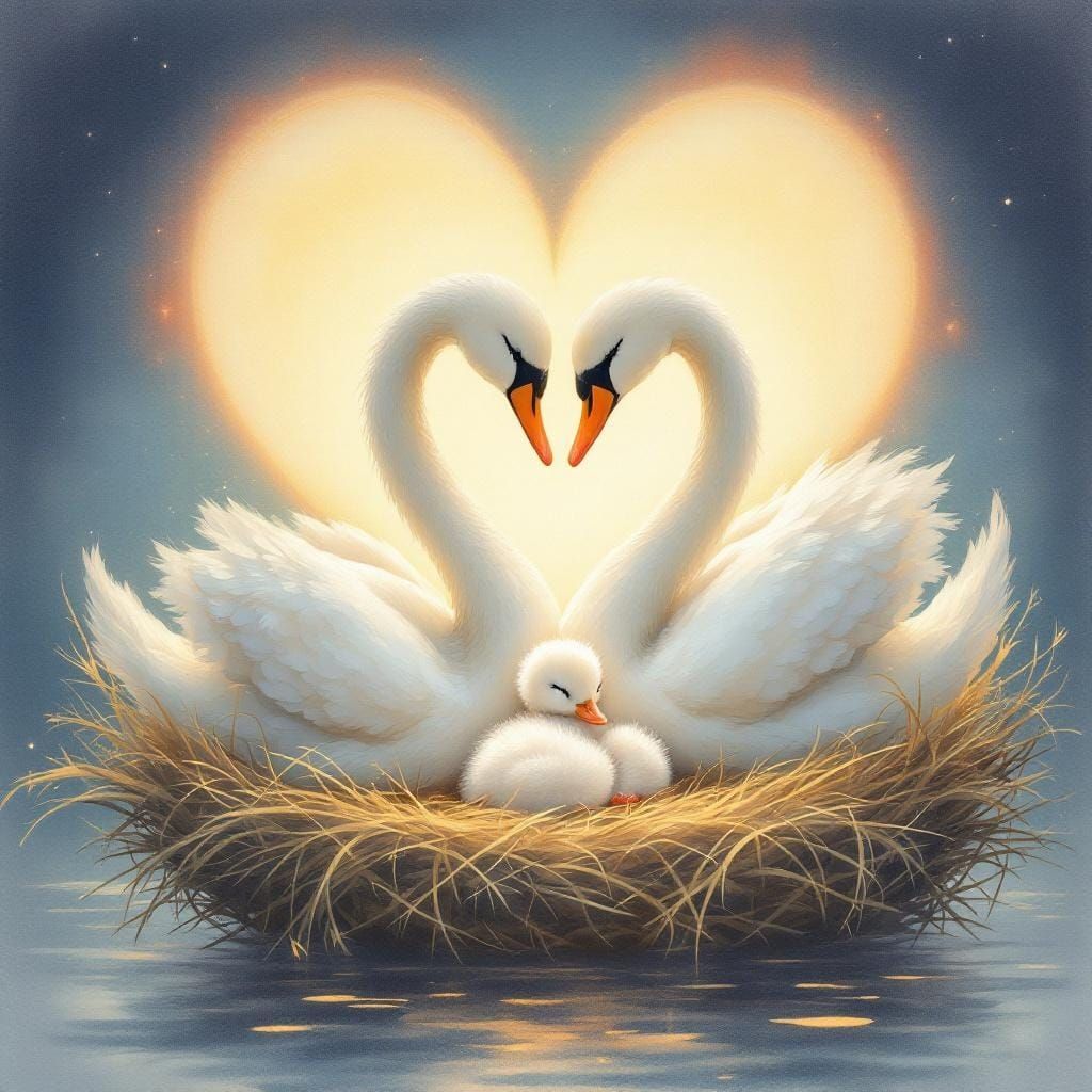 Swans Nestled in Cozy Nest with Heart in Watercolor Style